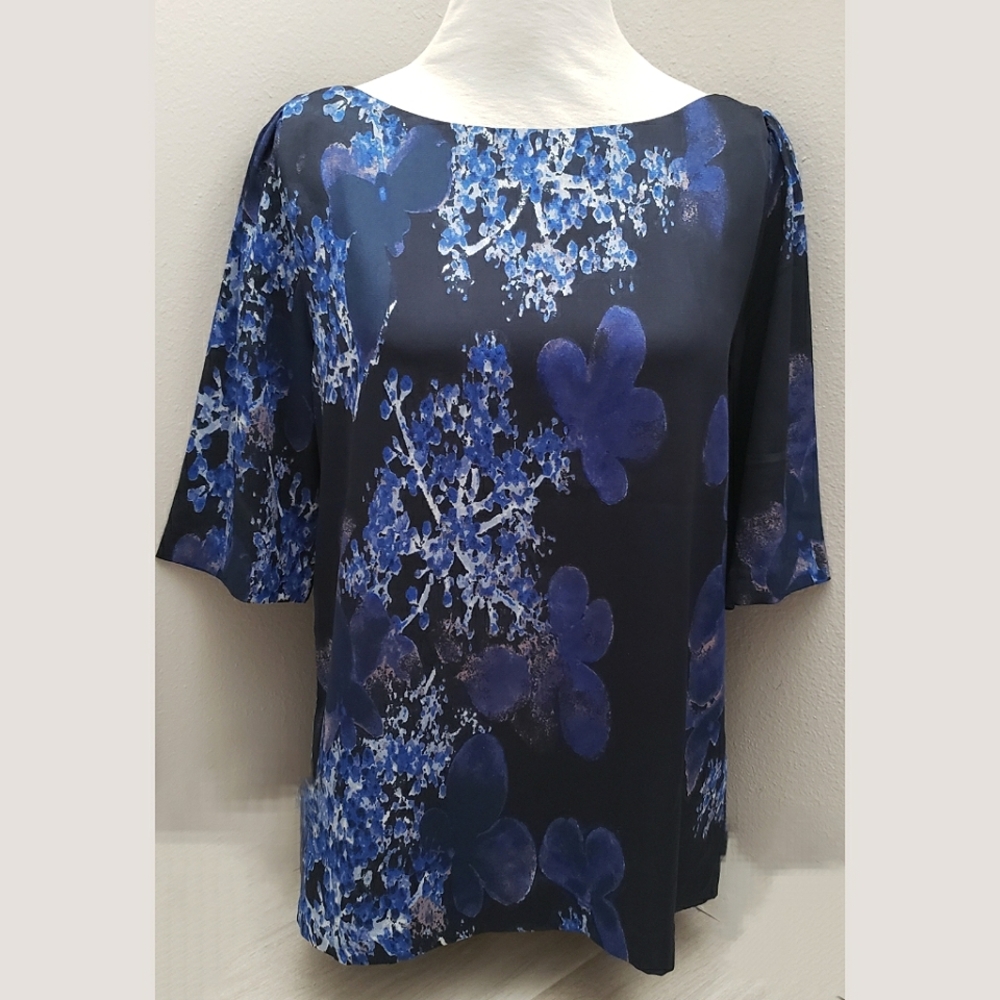 New BANANA REPUBLIC Blue Navy Floral Boatneck Elbow Sleeve Blouse size S